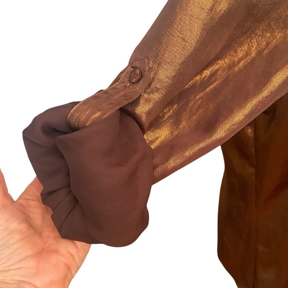 Calvin Klein Women’s Liquid Bronze Shimmer Metallic Button Down Shirt Size L Fun - Picture 9 of 15